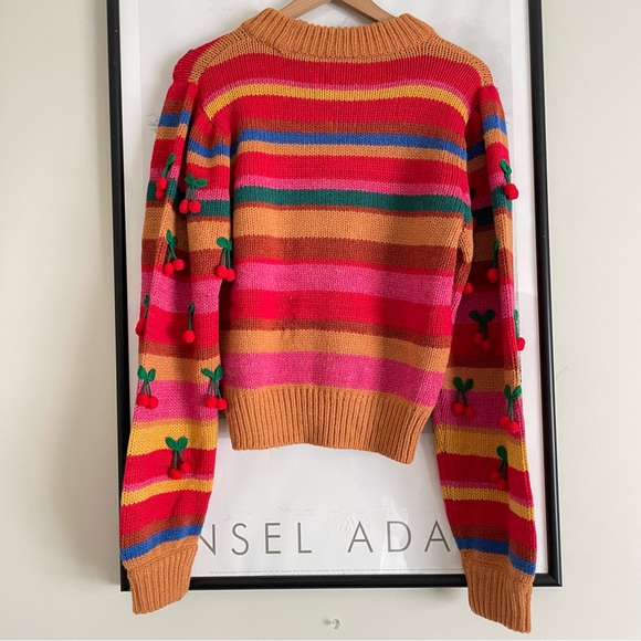 Farm Rio Colorful Stripe 3D Cherry Crochet Wool Blend Sweater NWT Small - Picture 8 of 16